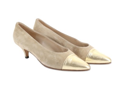 Lot 215 - Chanel Taupe and Gold Kitten Heels, taupe...