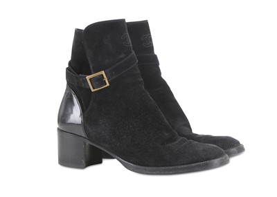Lot 236 - Chanel Black Suede Boots, CC and buckle detail...