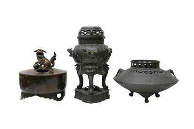 Lot 608 - THREE JAPANESE BRONZE INCENSE BURNERS AND TWO COVERS