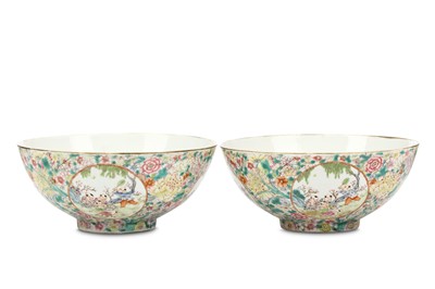 Lot 592 - A PAIR OF CHINESE MILLEFLEUR-GROUND ‘BOYS’ BOWLS.