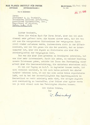 Lot 258 - Heisenberg (Werner)    Typed letter signed ('W....