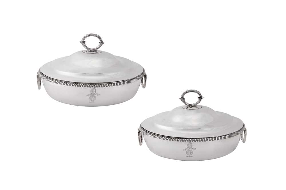 Lot 10 - A pair of George III sterling silver covered vegetable or entrée dishes, London 1805 by William Burwash and Richard Sibley I (reg. 7th Oct 1805)