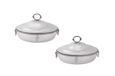 Lot 10 - A pair of George III sterling silver covered vegetable or entrée dishes, London 1805 by William Burwash and Richard Sibley I (reg. 7th Oct 1805)
