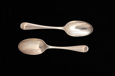 Lot 42 - A pair of George I Britannia standard silver dessert spoons, London 1718 by Paul Hanet (first reg. 7th March 1716)