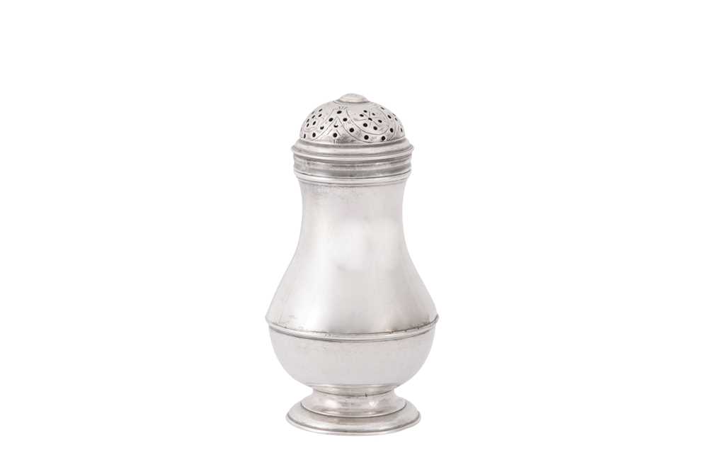 Lot 85 - A George II silver ‘duty dodger’ pepper caster, London circa 1730 by Elizabeth Goodwin (reg. 2nd Dec 1729)