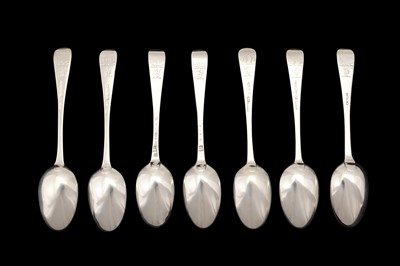 Lot 57 - A matched group of seven George II - Victorian Irish sterling silver dessert spoons