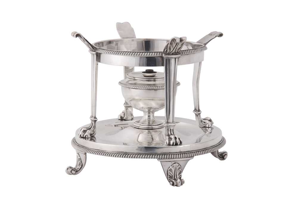 Lot 32 - A George III sterling silver chafing dish stand, London 1802 by Paul Storr (1771 - 1844, reg. 12th Jan 1793)