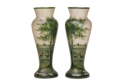 Lot 59 - A PAIR OF ART NOUVEAU ENAMELLED GLASS VASES,...