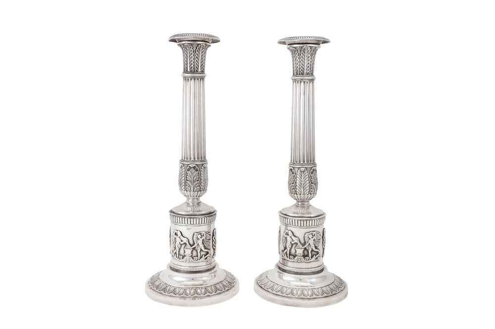 Lot 74 - A pair of early 19th century German 13 loth (812 standard) silver candlesticks, possibly Frankfurt circa 1820, marked JLO script (untraced)