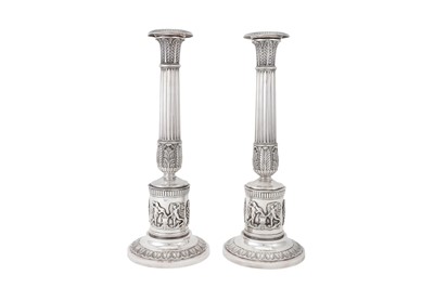 Lot 74 - A pair of early 19th century German 13 loth (812 standard) silver candlesticks, possibly Frankfurt circa 1820, marked JLO script (untraced)