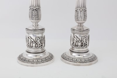 Lot 74 - A pair of early 19th century German 13 loth (812 standard) silver candlesticks, possibly Frankfurt circa 1820, marked JLO script (untraced)