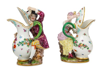 Lot 20 - A PAIR OF MEISSEN PORCELAIN FIGURAL EWERS,...