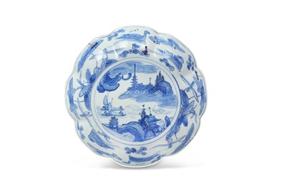 Lot 212 - A CHINESE BLUE AND WHITE LOBED 'LANDSCAPE'...