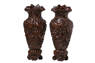 Lot 482 - A PAIR OF CHINESE WOOD WALL VASES.  Each with...