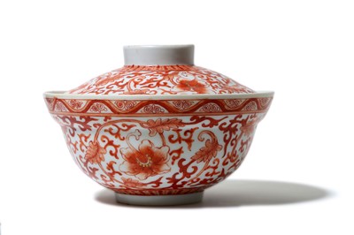 Lot 387 - A CHINESE COPPER RED 'HIBISCUS' OGEE BOWL AND...