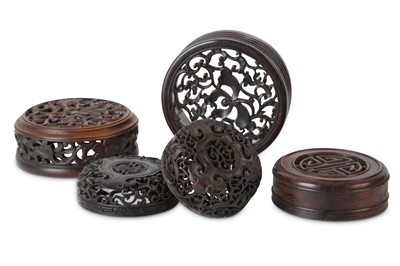 Lot 369 - FIVE CHINESE WOOD JAR COVERS.